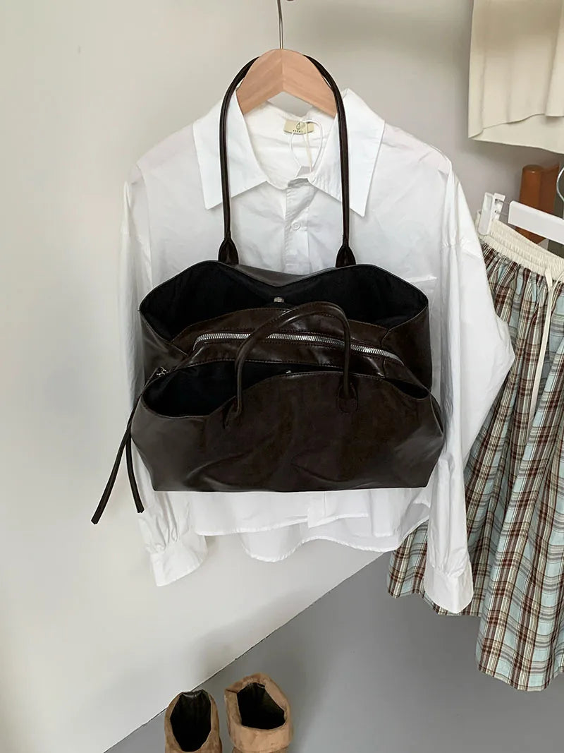 Women's PU Tote Bags Minimalist Large Capacity Multi Compartment Shoulder Bags Elegant Drawstring Commuter Handbags
