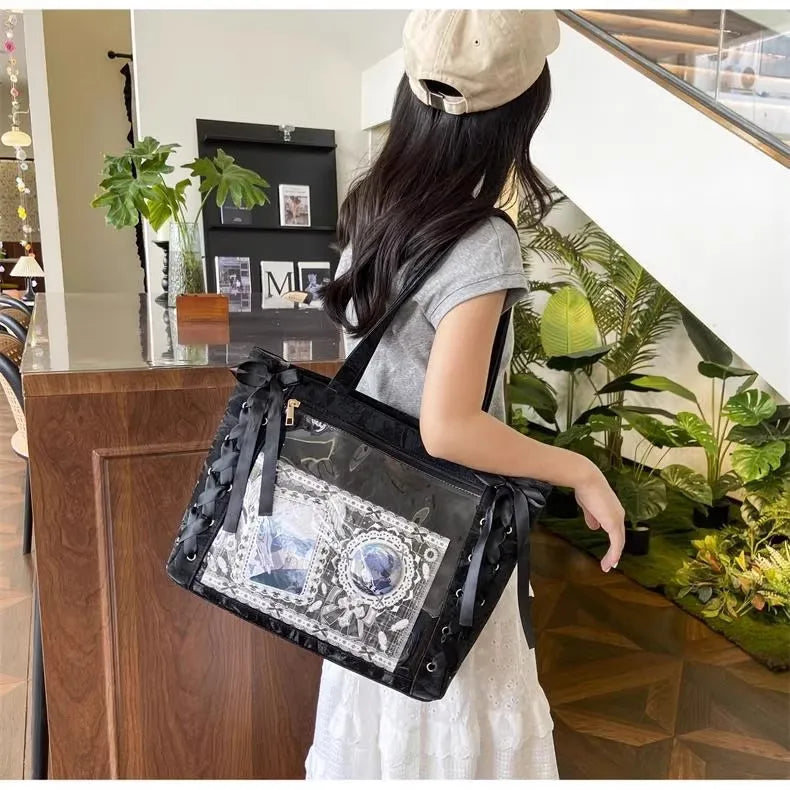 New Y2K Ribbon Bow Japanese Ita Shoulder Bag Cute Girl Transparent Pocket Large Capacity Crossbody Tote Bag DIY Display Handbags