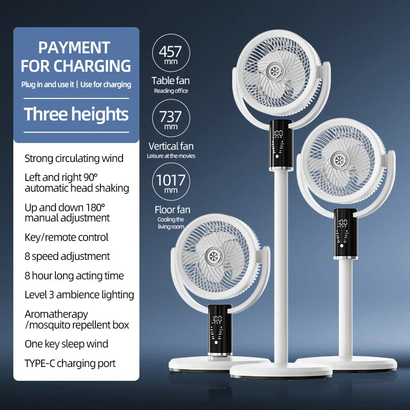 Floor Standing Fan Remote Control 6000mAh USB Rechargeable Height Adjustable Air Circulator for Camping Home Office Sturdy Base