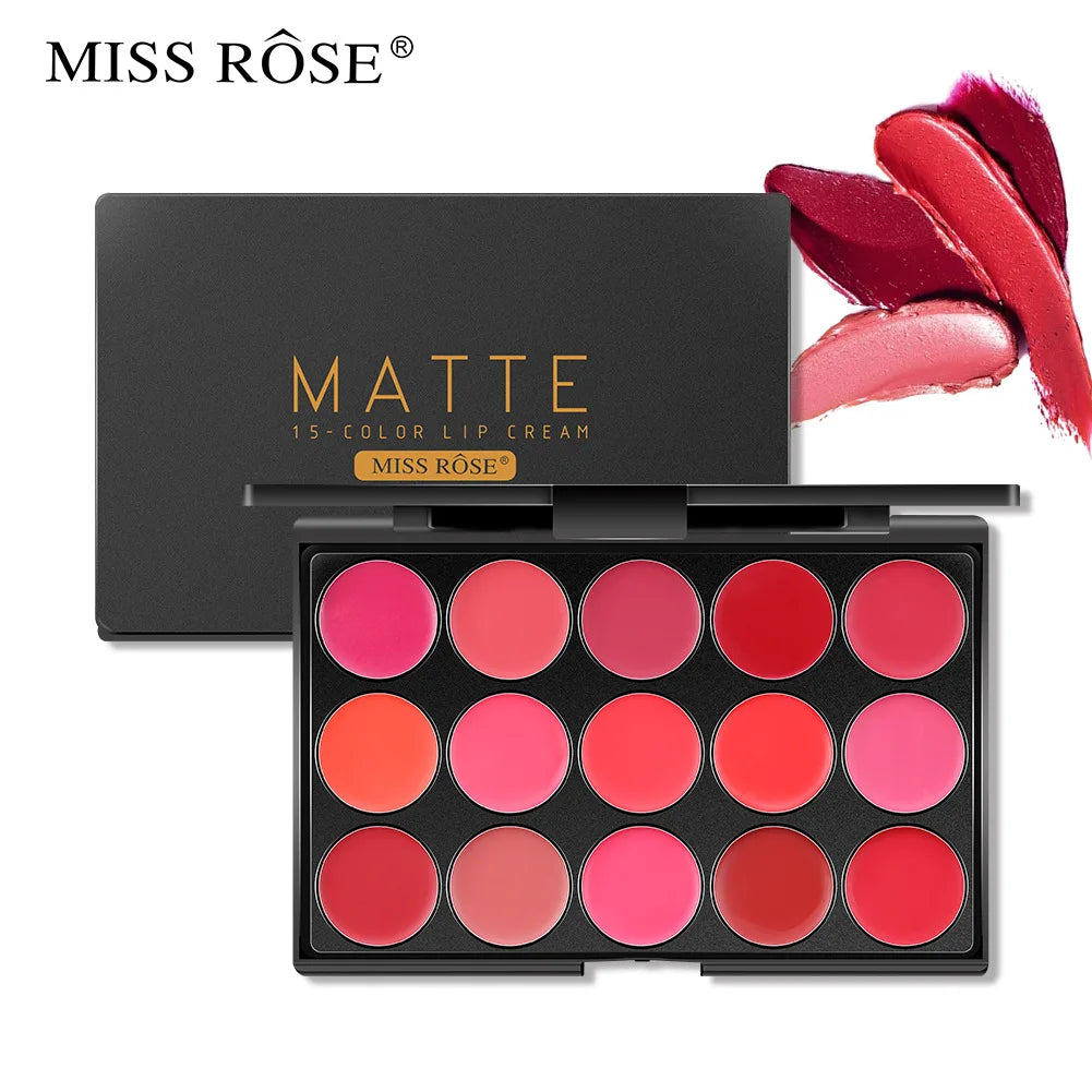 Miss Rose 15 Colours Long Lasting Lip Gloss Palette Makeup Waterproof Lipstick Cosmetic Lip Tools Set Pallete