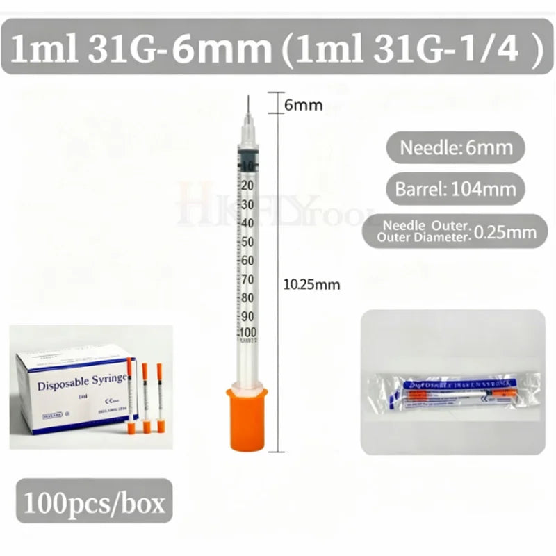 100pcs/box 0.3ml/0.5ml/1ml Disposable Sterile Syringes with 31G 6mm 8mm 29G 13mm 30G Needles for Lab Measuring Pet Feeding