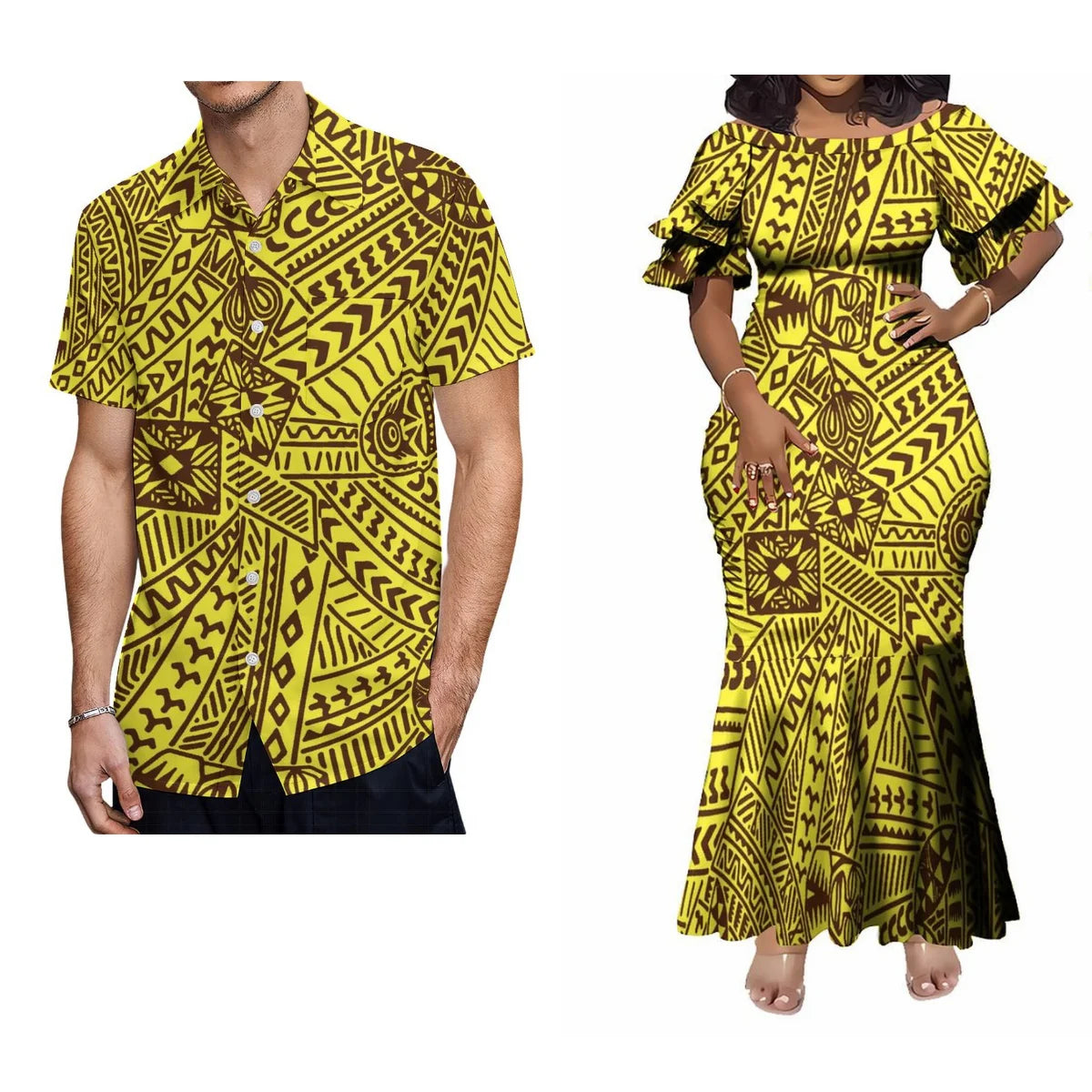 Custom Polynesian Tribal Couple Set Samoan Women'S Temperament Slim Dress Women'S Mermaid Maxi Skirt Men'S Shirt