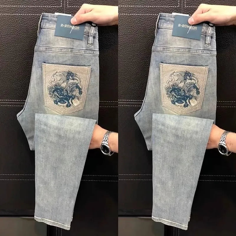 Ele Men's Slim Fit Jeans Elastic Casual Pants Lightweight Luxury Faion Embroidery Summer New Sle European Faion