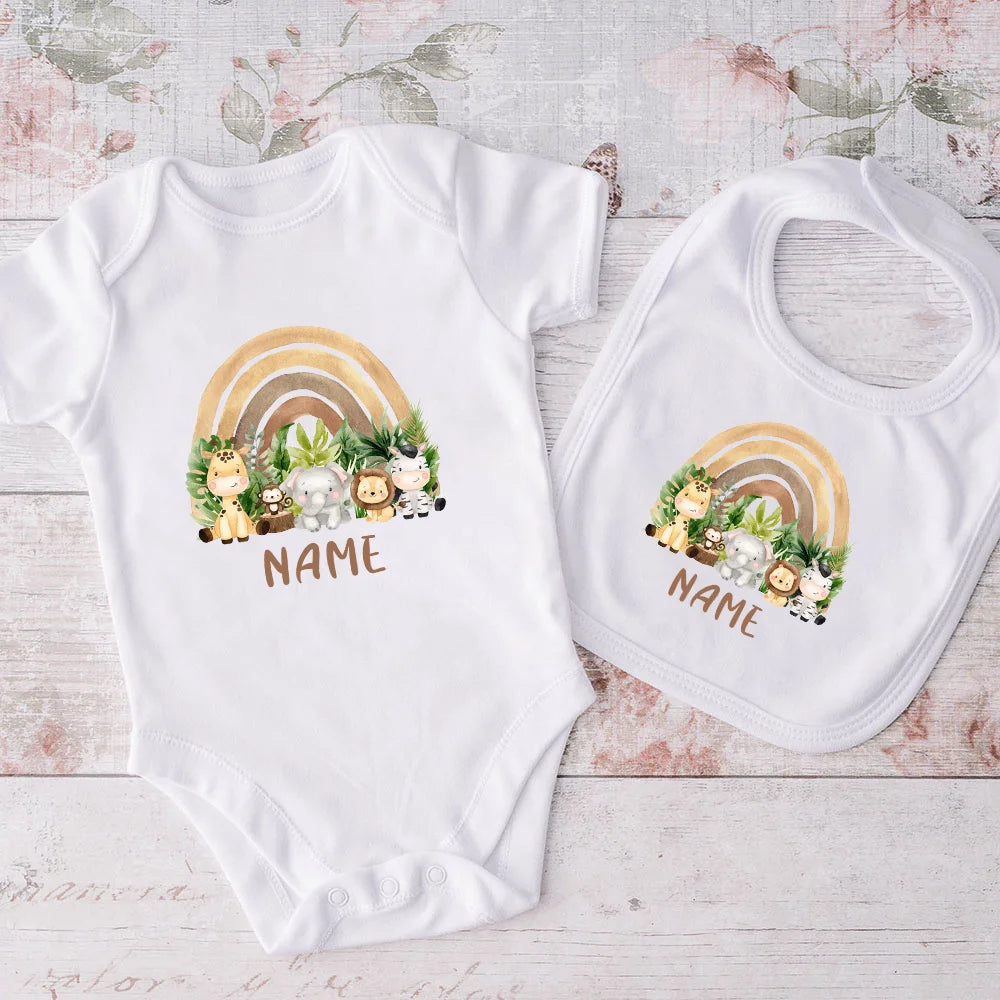 Personalized Matching Baby Bib & Romper Custom Name Animal Rainbow Printen Newborn Bibs Bodysuit Set Infant Shower Gift 2 Pcs