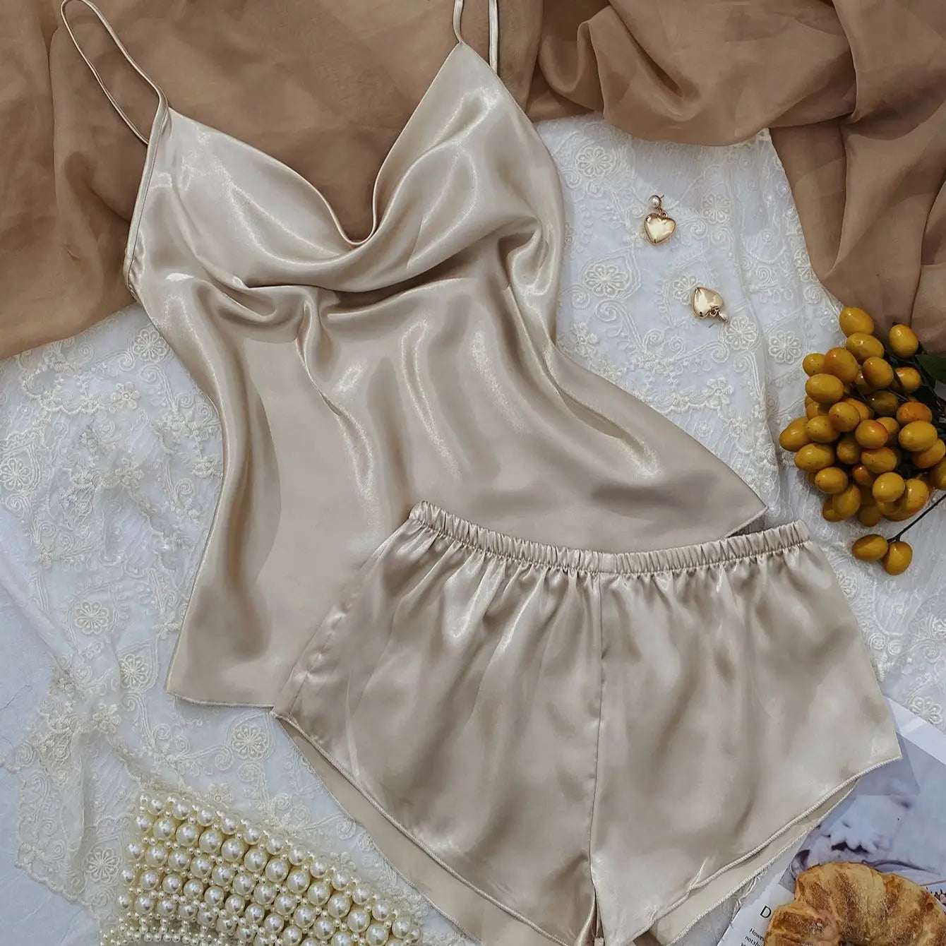 Solid Satin Pajama Set  V Neck Cami Top   Elastic Waistband Shorts Women's Sleepwear  Loungewear