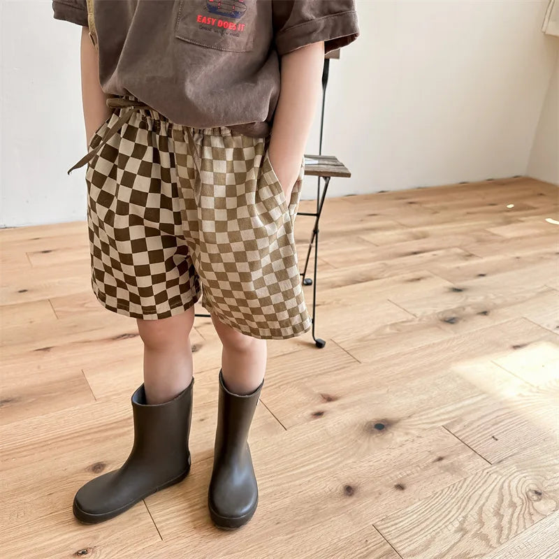 deer jonmi 2023 Summer Korean Style Children Plaid Patchwork Shorts Baby Boys Casual Chic Loose Shorts Kids Clothes