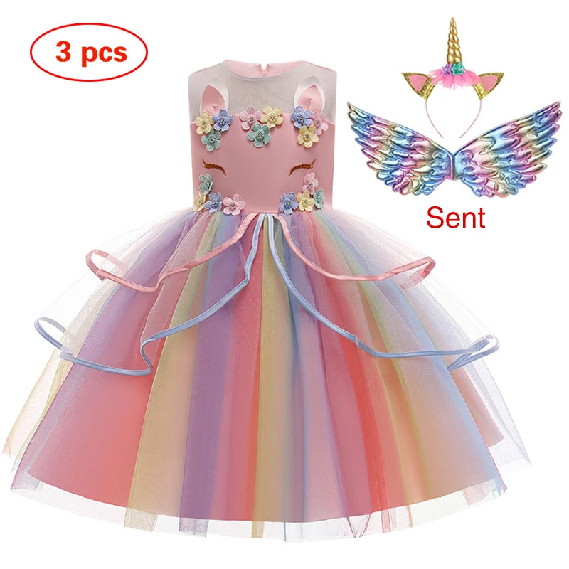 2025 new Girl's Unicorn Dress 1-10 Year Old Children's Flower Cake Princess Dress Carnival Halloween Performance Clothing