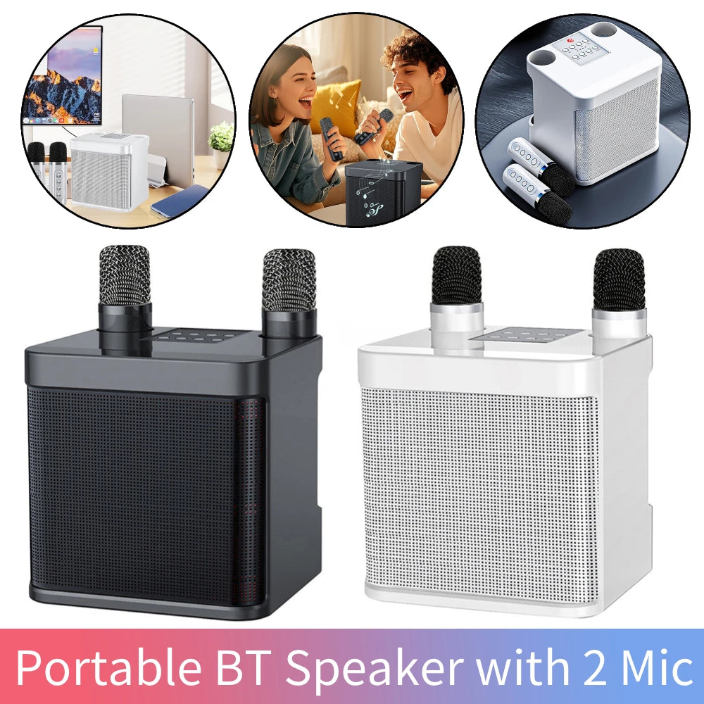 Karaoke Machine with 2 Wireless Microphones Wireless Portable BT Speaker Support BT/USB/TF Card/Aux 1500mAh for Karaoke Party