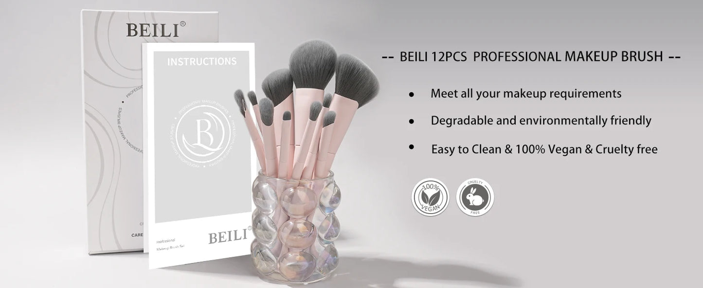 BEILI Vegan Professional Makeup Brush Set 12 Pcs Corn Bamboo Silk Angle Powder Foundation Eyeshadow Eyeliner Brushes Cosmetics