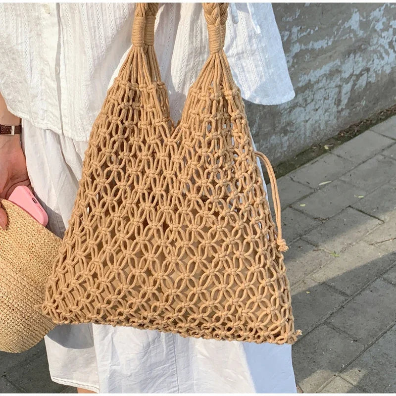 Fashion Crochet Bags for Women Summer Beach Tote Bag Raffia Aesthetic Totes Straw Handbag Bohemian Boho Woven Knit Shoulder Bag