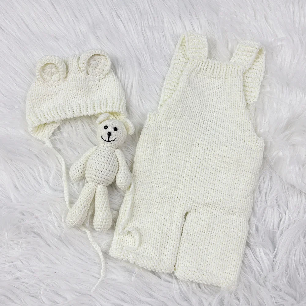 3pcs Baby Cute Costume Newborn Photography Props Crochet Knitted Bear Ear Hat, Bear Doll and Overalls Sets Studio Photos Outfits