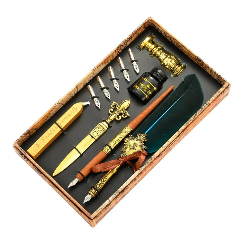 Sprinkling Gold Vintage Feather Pen Set Luxury Fountain Pen Ink Bottle Calligraphy Writing Dip Pen Nib Quill Birthday Gift Box