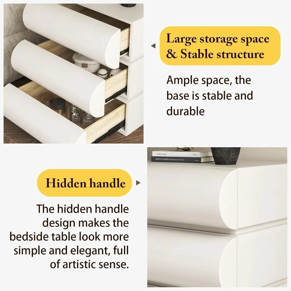 modern off white nightstand with 3 drawers - leather bedside table, end table for bedroom/living room, fully assembled (19.7''h)