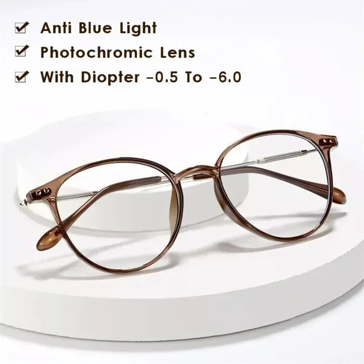 Intelligent Blue Light Blocking Myopia Glasses Round Frame Ultra Light Color Changing Sunglasses Outdoor Travel Driving Eyewear