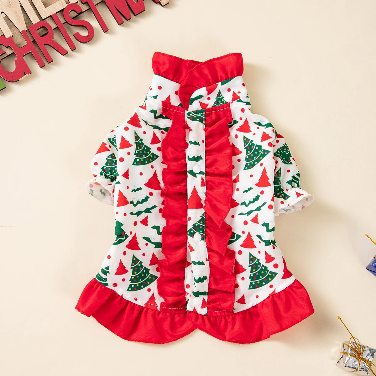 Pet Christmas Dress Xmas Tree Printed Ruffle Skirt Puppy Holiday Outfit Cute Pet Party Costume for Small Medium Dogs Cats Teddy