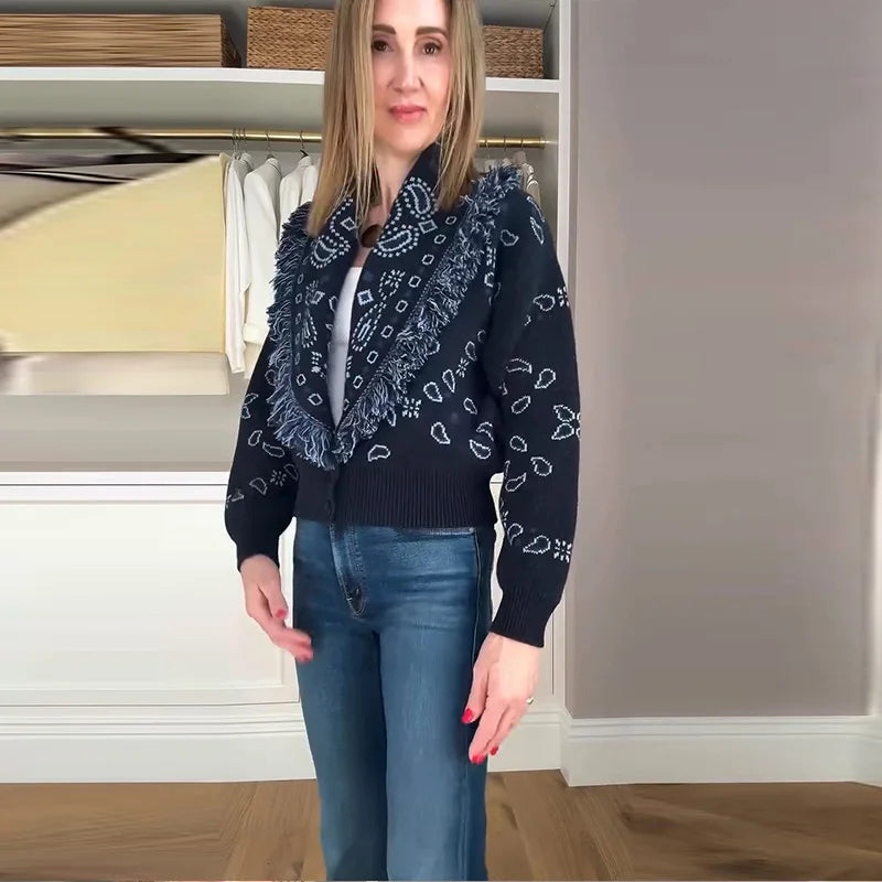 Women's Print Fringe Knitted Vest Coat Fashion Sleeveless Tie Waist Pocket Cardigan Sweater Lady 2025 Autumn Casual Outerwear