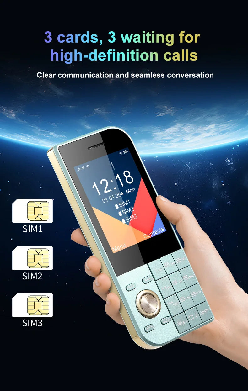 2025 New Push Button Mobile Phone 2.8' Three SIM 3SIM Bluetooth Flashlight MP3 Wireless FM Camera Vibration BigHorn CellPhone