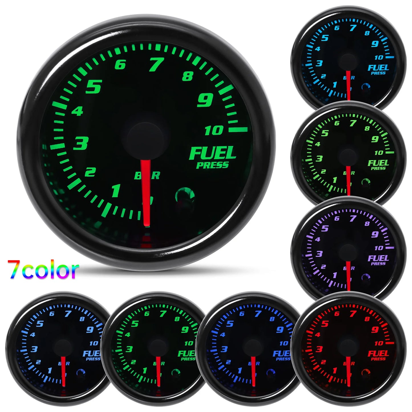 HD 52mm Fuel Press Gauge with Fuel Pressure Sensor 1/8NPT 0~10 Bar 7 Colors Backlight Fuel Pressure Gauge Car Oil Pressure Meter