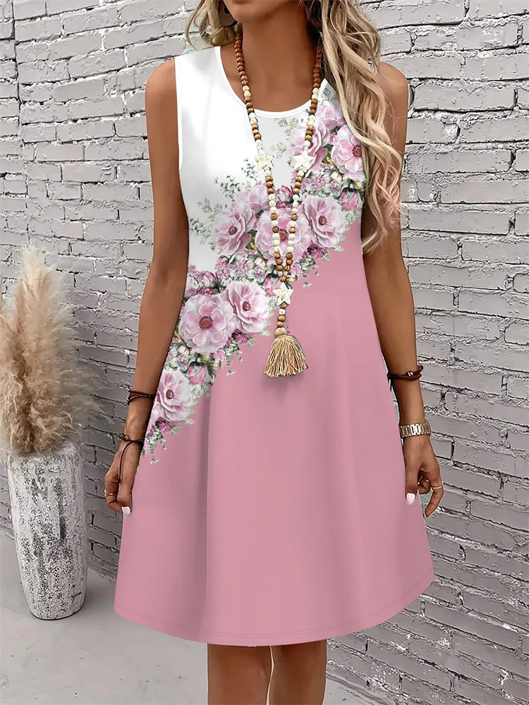 Summer New Women's Dresses Fashion Casual Sleeveless Dresses Floral Printed Round Neck Dresses Beach Vacation Women's Dresses