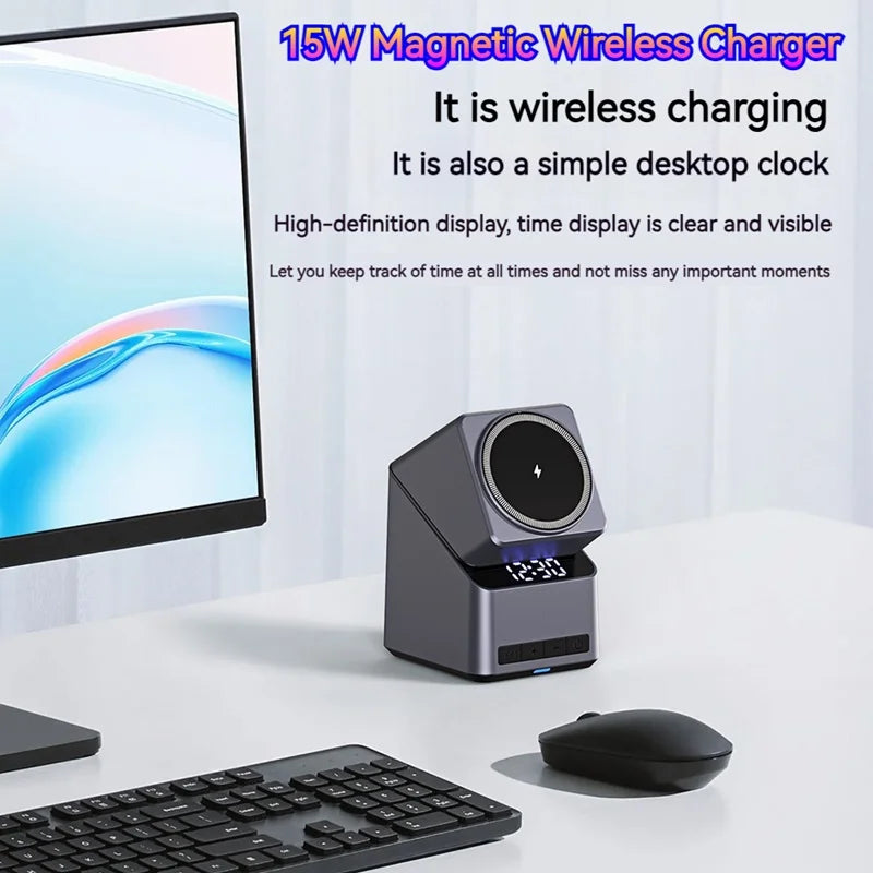 4in1 Electric Rotating Magnetic 15W Wireless Charger Time Display Touch Rotation for  iPhone Watch AirPods Ideal Charging Stand