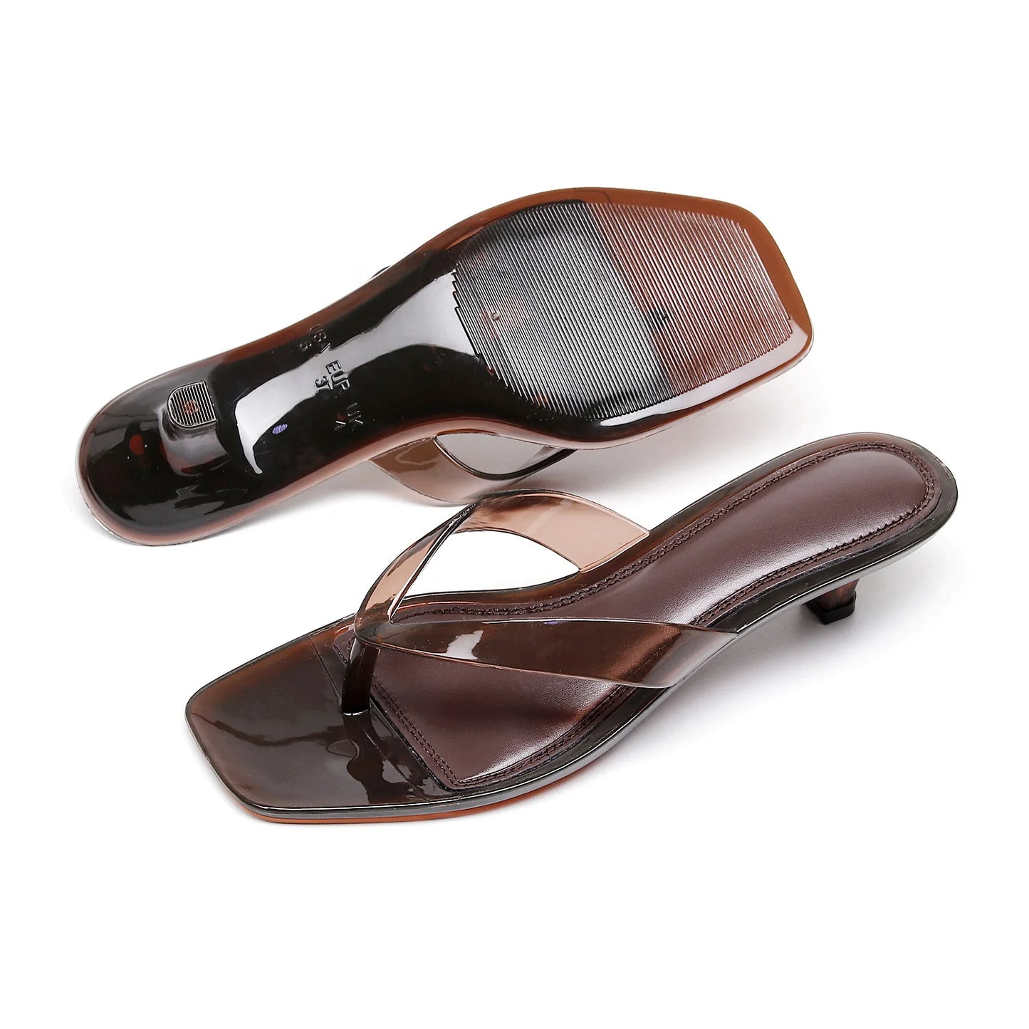 Vacation Elegant Kitten Heel Thong Sandals, Square Toe Clear Brown Jelly Flip Flops, Women Summer Comfortable Beach Party Shoes