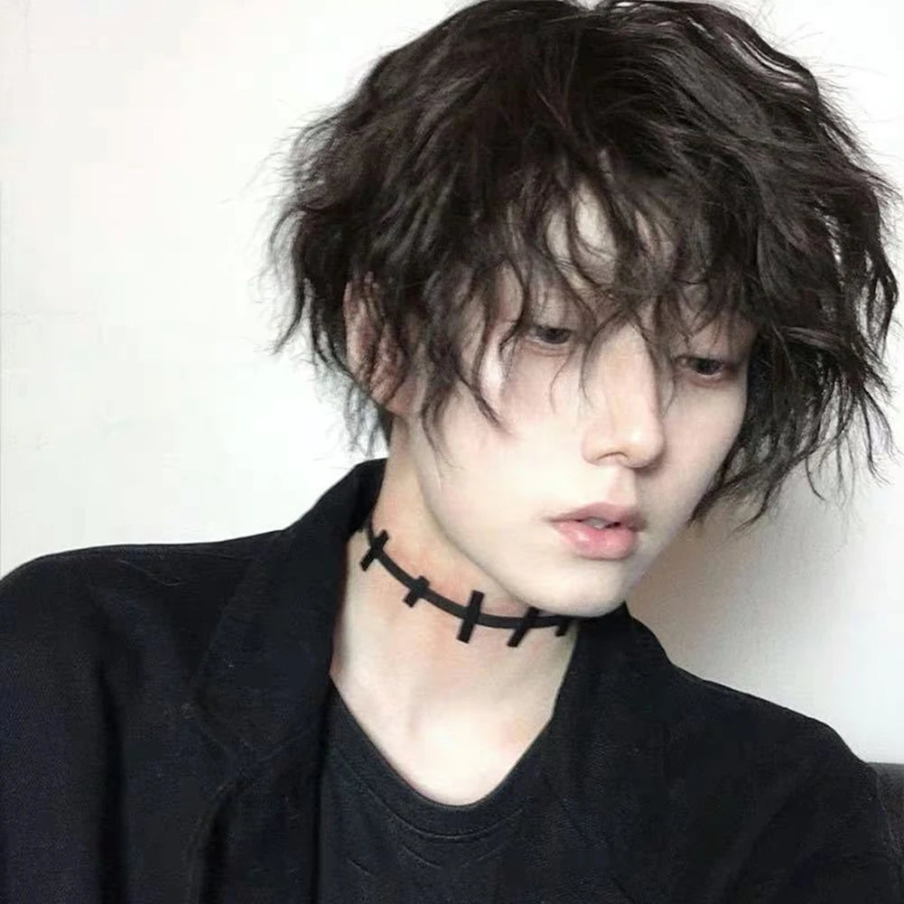 Synthetic Trend Men Short Natural Curly Wig Black With Bangs Head Type Hair Extension Styling Tools For Cosplay Party Headwear