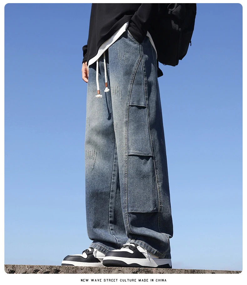 Jeans men's American high street vintage washed crease splicing men's spring and fall models loose straight pants