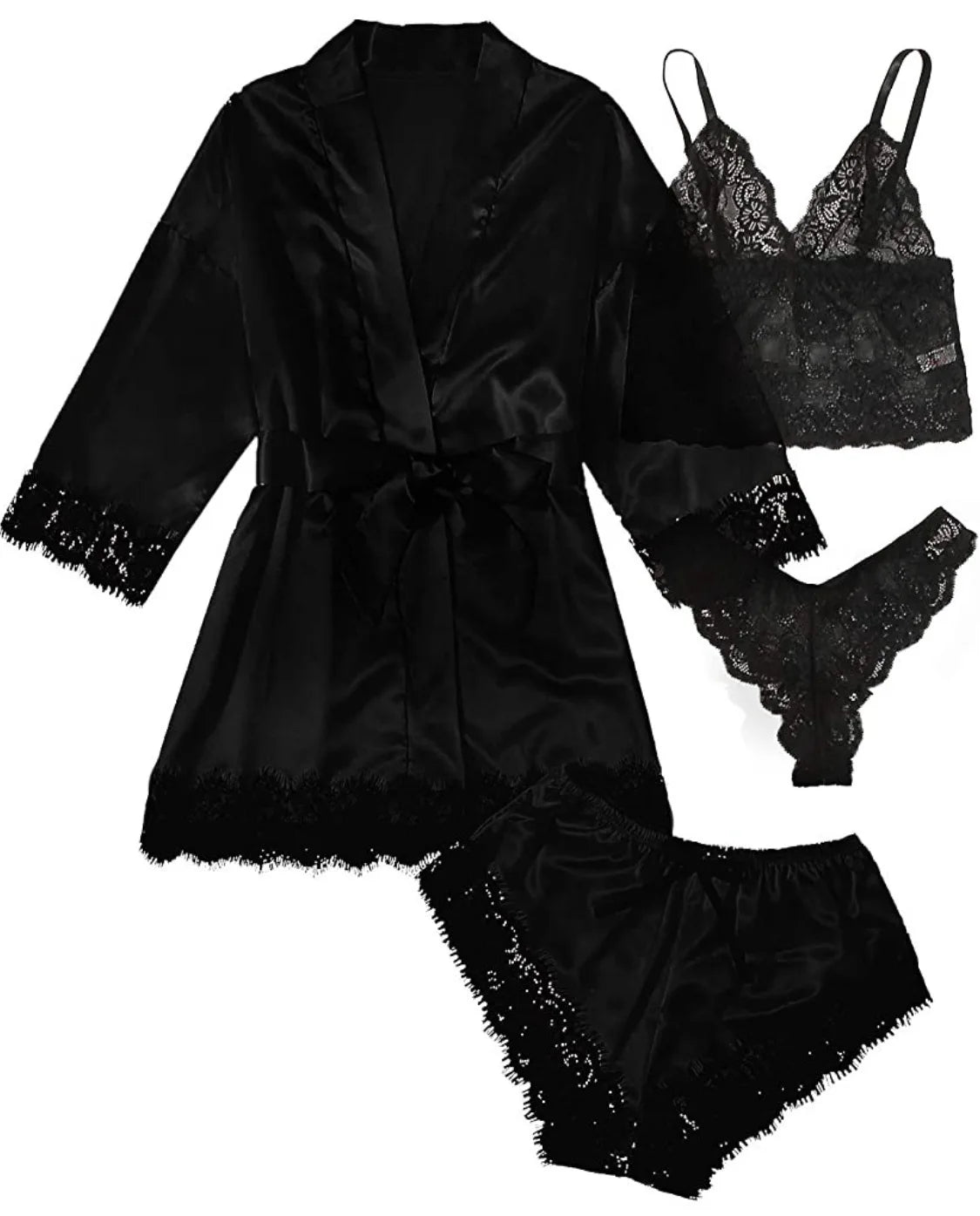 Women' Silk Satin Pajamas Set 4pcs Lingerie Lace Sleepwear With Robe Nightgown Long Sexy night-robe V-neck Nightdress Suit