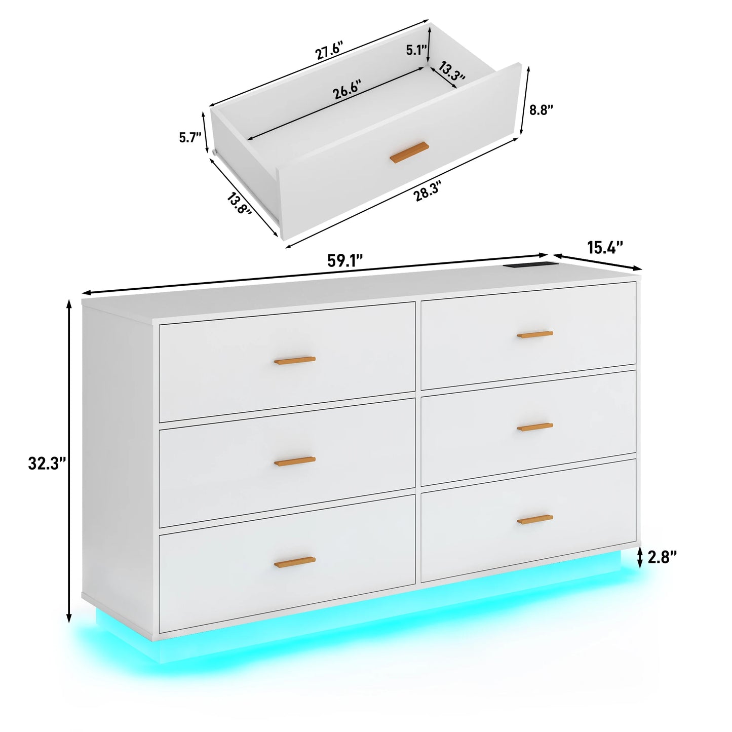 6 Drawers Dresser w/Power Outlet, 59" Long Wooden Dresser Chest, 60000-Colors Lights for Bedroom, Metal Handles of Drawers