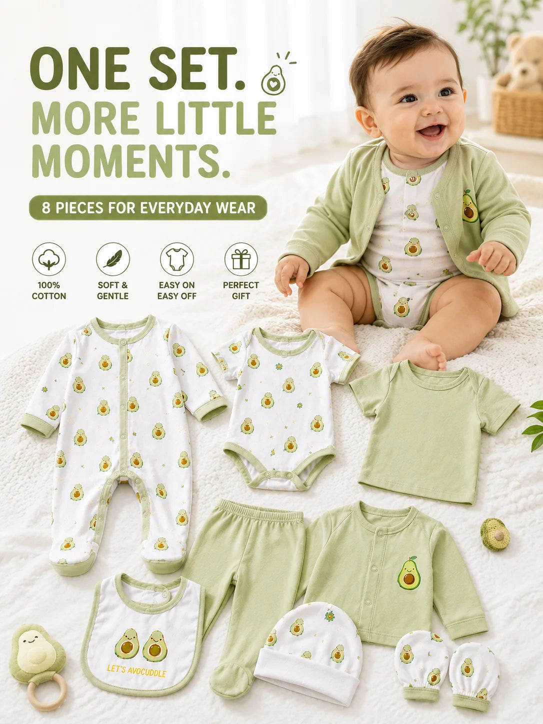 8Pcs Newborn Baby Clothes Set 100% Cotton Avocado Print Bodysuit Romper Cardigan Pants Bib Hat Mittens Infant Outfit 0-6M