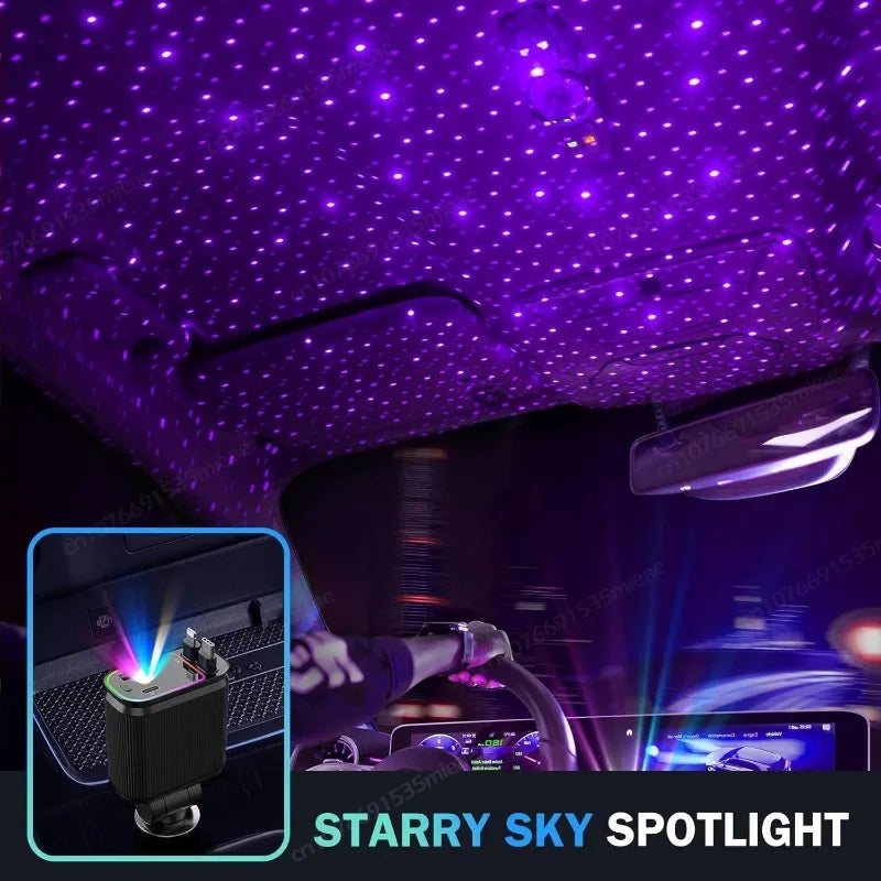 New Starlight in Car Roof Retractable Car Charger,66W 4 in 1 Fast Car Phone Charger,2 Retractable Cables & USB-C Charger Adapter