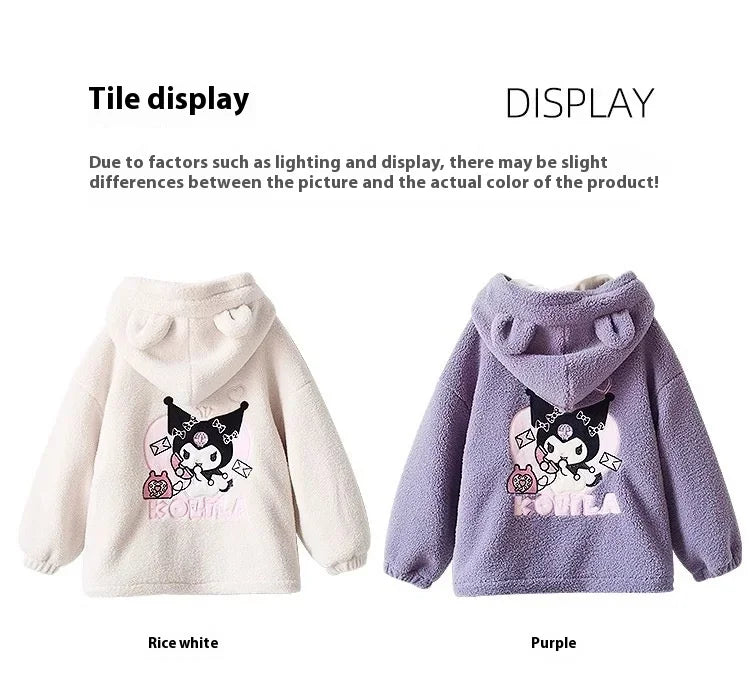 Winter 2025 New Cartoon Sanrio Kuromi Girls' Velvet Jacket Plus Velvet Children'S Polar Fleece Hooded Clothes Girls Winter Cloth