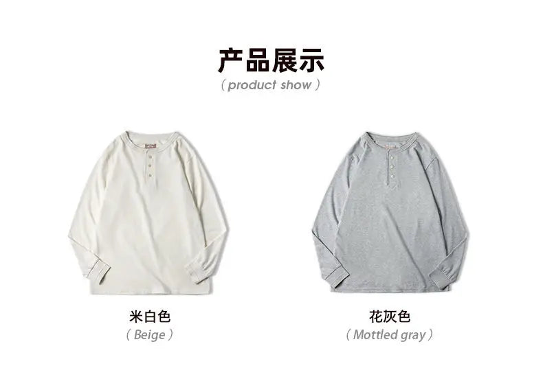 Vintage Daily Stand Neck T-shirt Men's Solid Patchwork Button Trendy Temperament Simple Cotton Long Sleeved Top JJ356