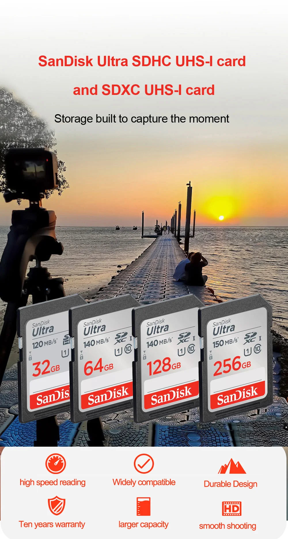 SanDisk Ultra/Extreme/Extreme PRO SD Card 256GB 128GB 64GB SDXC 32GB SDHC Memory Card C10 U1 U3 Carte SD Card  for Camera 4K UHD