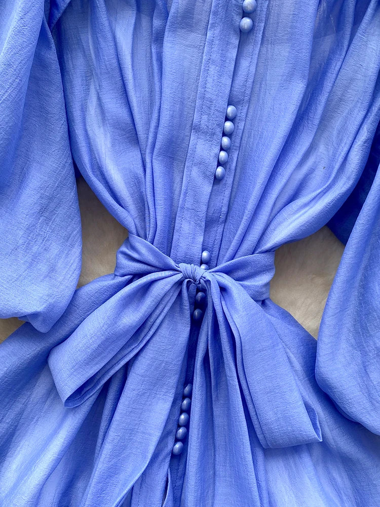 Summer Women's Puff Sleeve Shirt Dress Fashion Beach Vacation Party Birthday Blue White Exquisite Chiffon Mid Length Dress B06