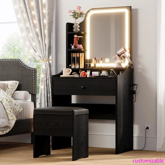Small Makeup Vanity Desk with Mirror and Lights, Vanity Table Set with Storage Drawer, Chair and Three Shelves, Bedroom, Black