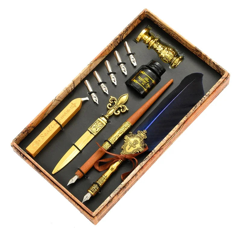 Sprinkling Gold Vintage Feather Pen Set Luxury Fountain Pen Ink Bottle Calligraphy Writing Dip Pen Nib Quill Birthday Gift Box