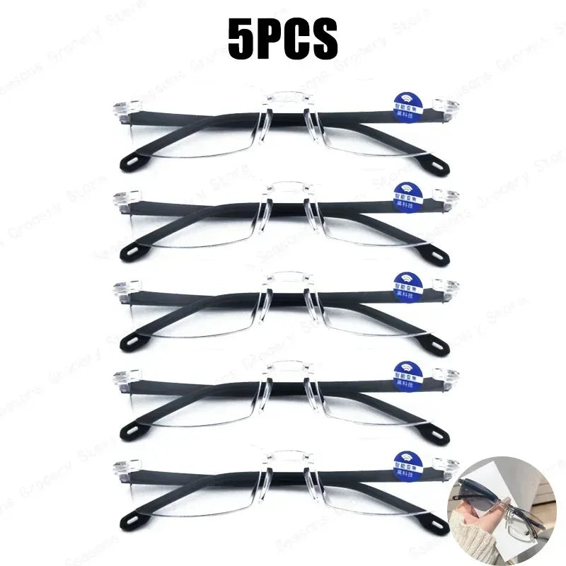 Anti Blue Light Reading Glasses HD Photochromic Lightweight Rimless Presbyopic Glasses For Men Women Seniors Business Style New
