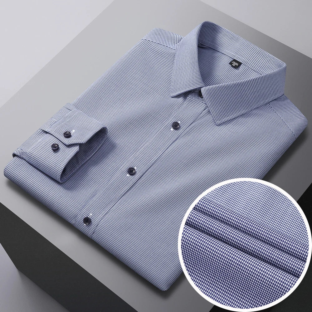 Men's Houndstooth Non-Iron Long Sleeve Button-Up Cotton Shirt, No Pocket Skin-Friendly Casual Versatile for Various Occasions