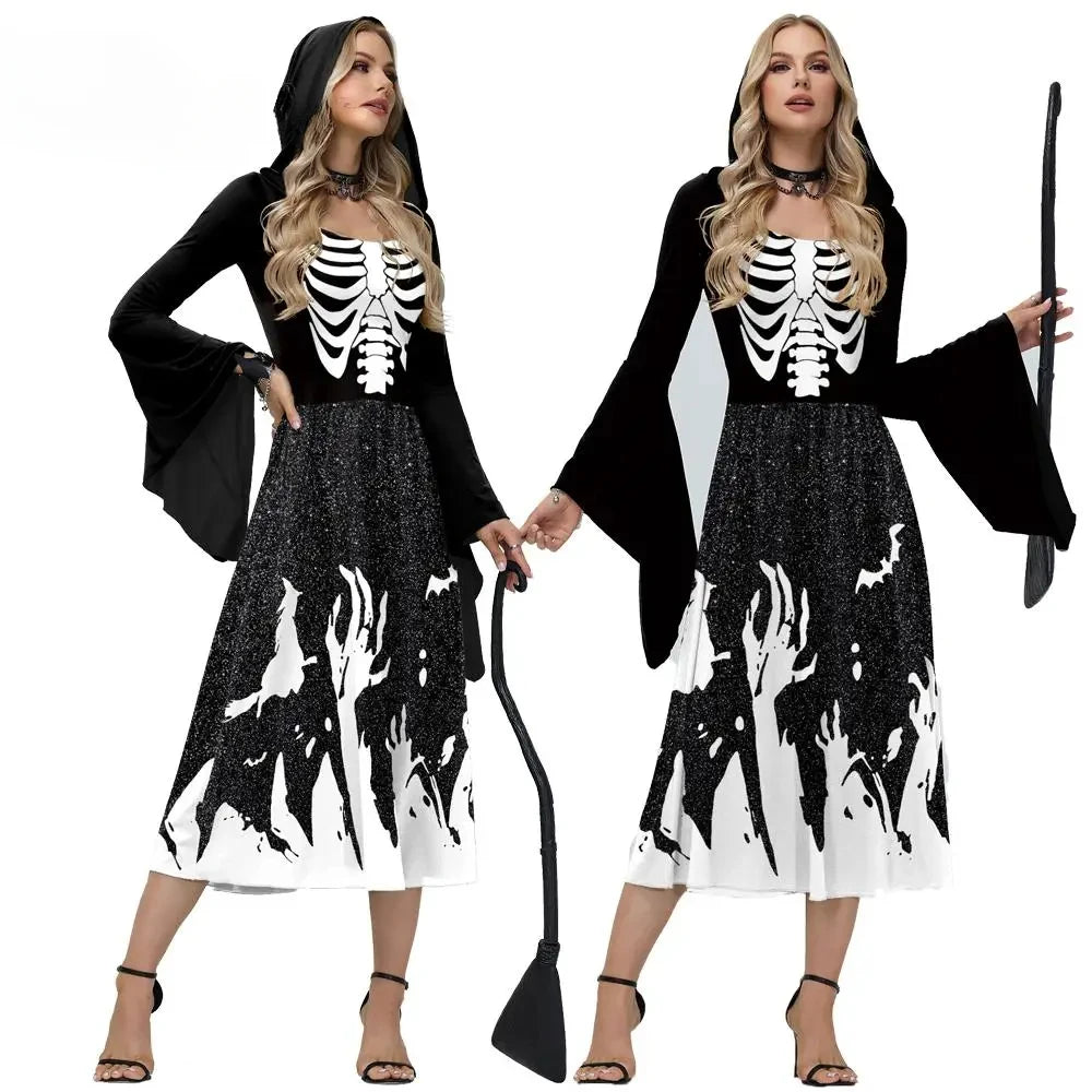 Halloween Skeleton Cosplay Costumes for Women Medieval Robe Vintage Party Hooded Dress Witch Scary Clothes Day of The Dead