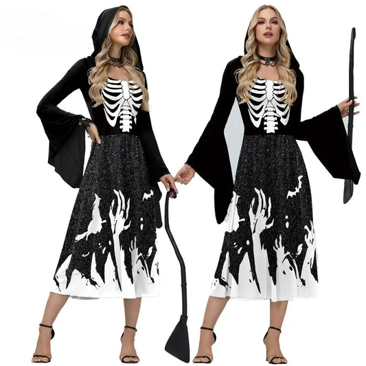 Halloween Skeleton Cosplay Costumes for Women Medieval Robe Vintage Party Hooded Dress Witch Scary Clothes Day of The Dead