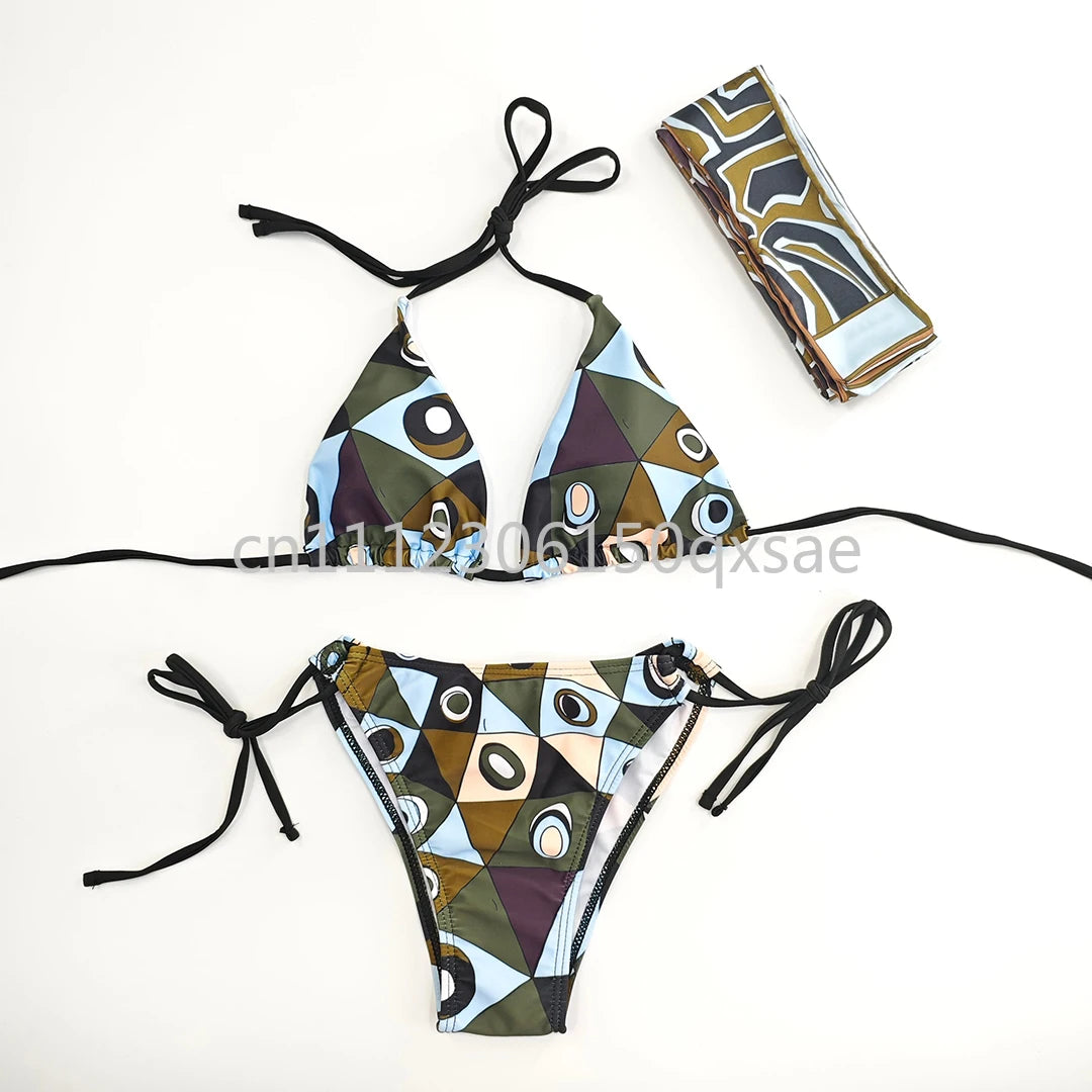 Women's Pink Headband Scarf Swimsuits with Letter Signature Logo Lady Headband Scarf Bikini Sets Beachwear Swimwear