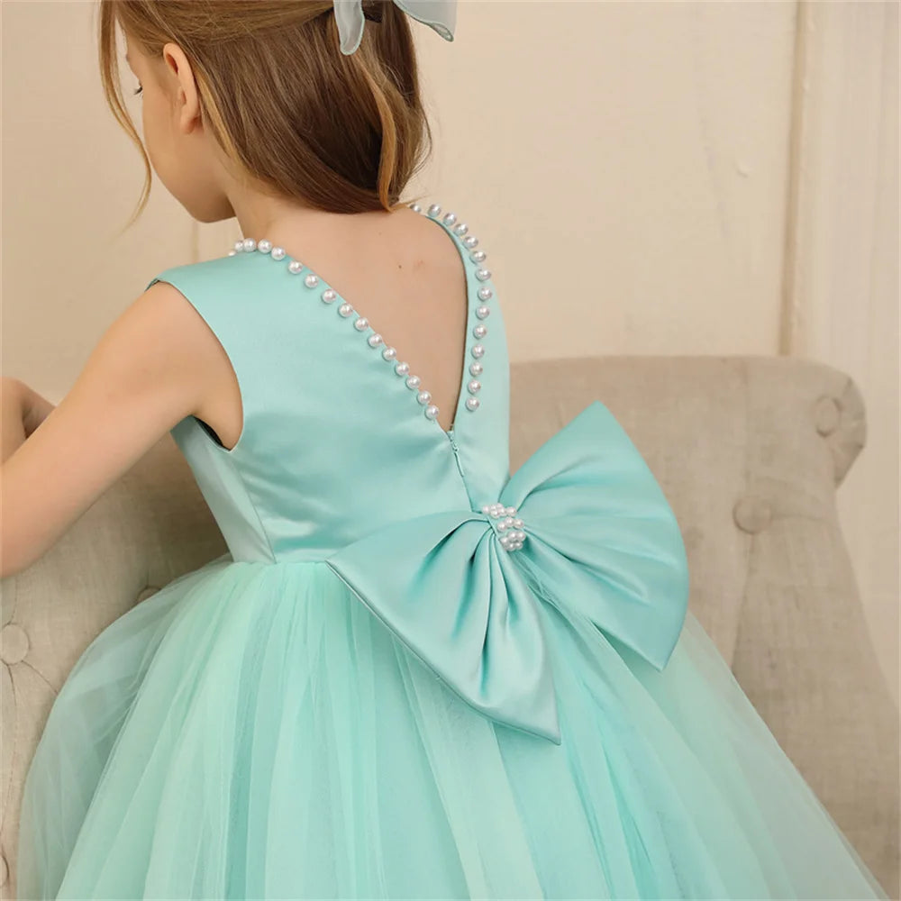 Toddler Girl Flower Birthday Tulle Pearl Dress Backless Bow Wedding Gown Baby Girl Bowknot Dresses Kid Party Wear Princess Dress