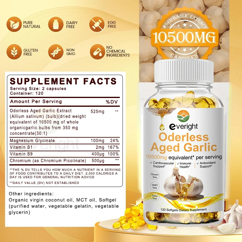 Aged Garlic Extract Capsules – Odorless Formula with Magnesium, Chromium, B1 & B9 – Supports Immune, Heart & Cardiovascular Heal