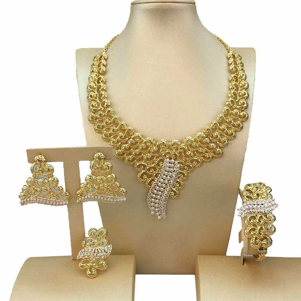 Nigeria Original 18K Gold Plated Jewelry Set Women Big Bold Necklace Earrings Bracelet Ring Wedding Party Accessor FHK17296