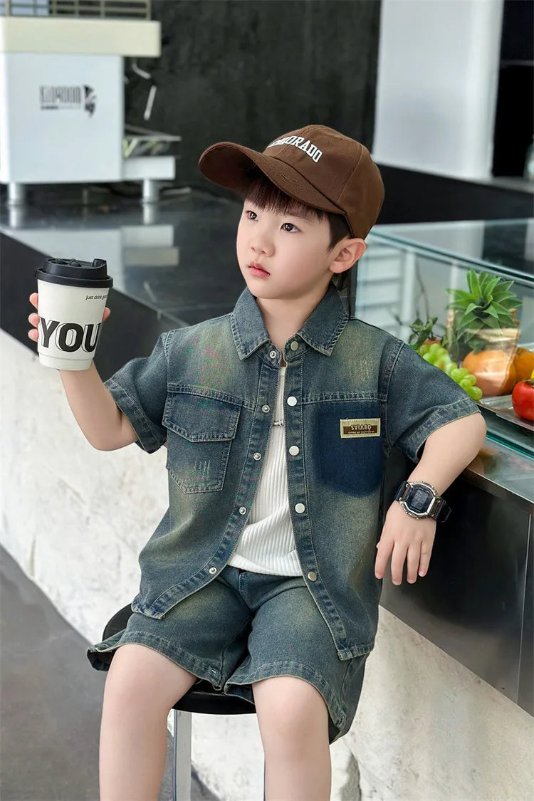 2025 Trendy Boys' Denim Set Vintage Wash Short Sleeve Shirt & Shorts 2-Piece Summer Outfit