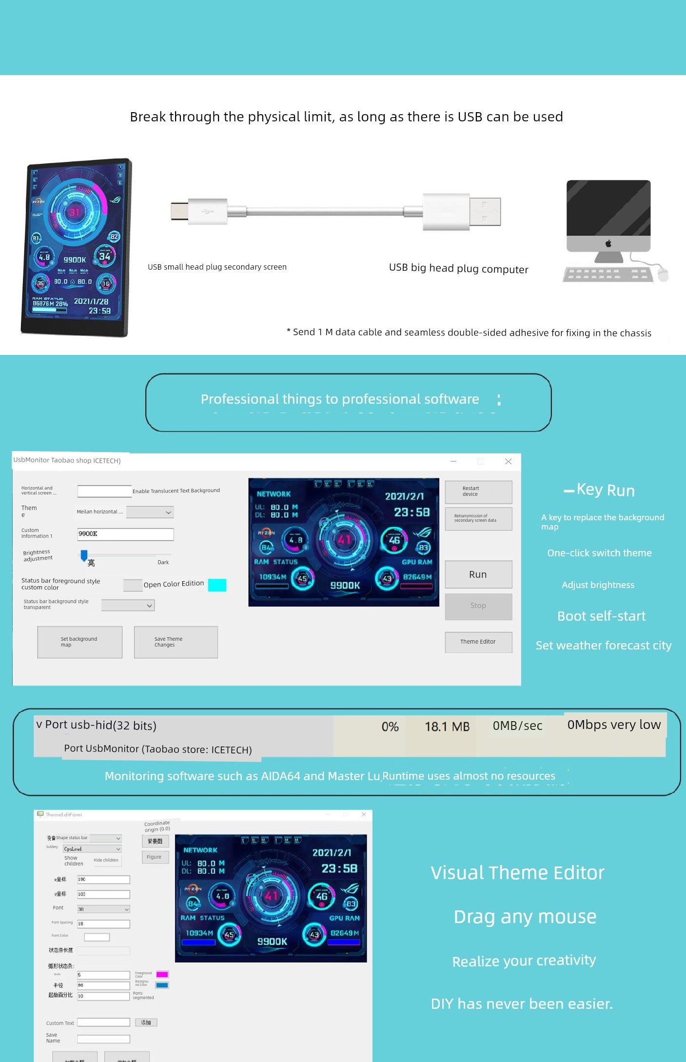 3.5-Inch Computer Status Monitoring Sub-Screen IPs Full View 60fps 480 * 320usb-C Chassis Aida64 Free