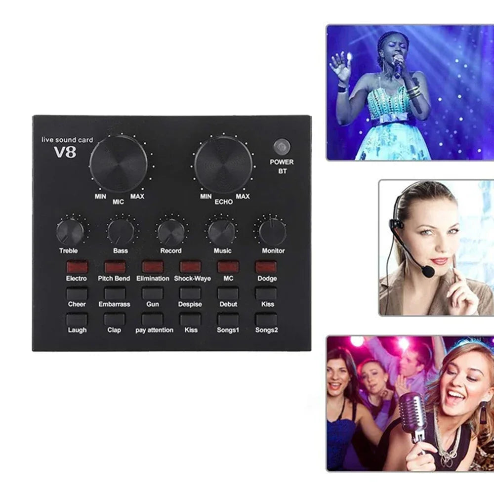 V8 Sound Card Audio Set Interface External Usb Live Microphone Sound Card Bluetooth Function For Computer Pc Mobile Phone Singin