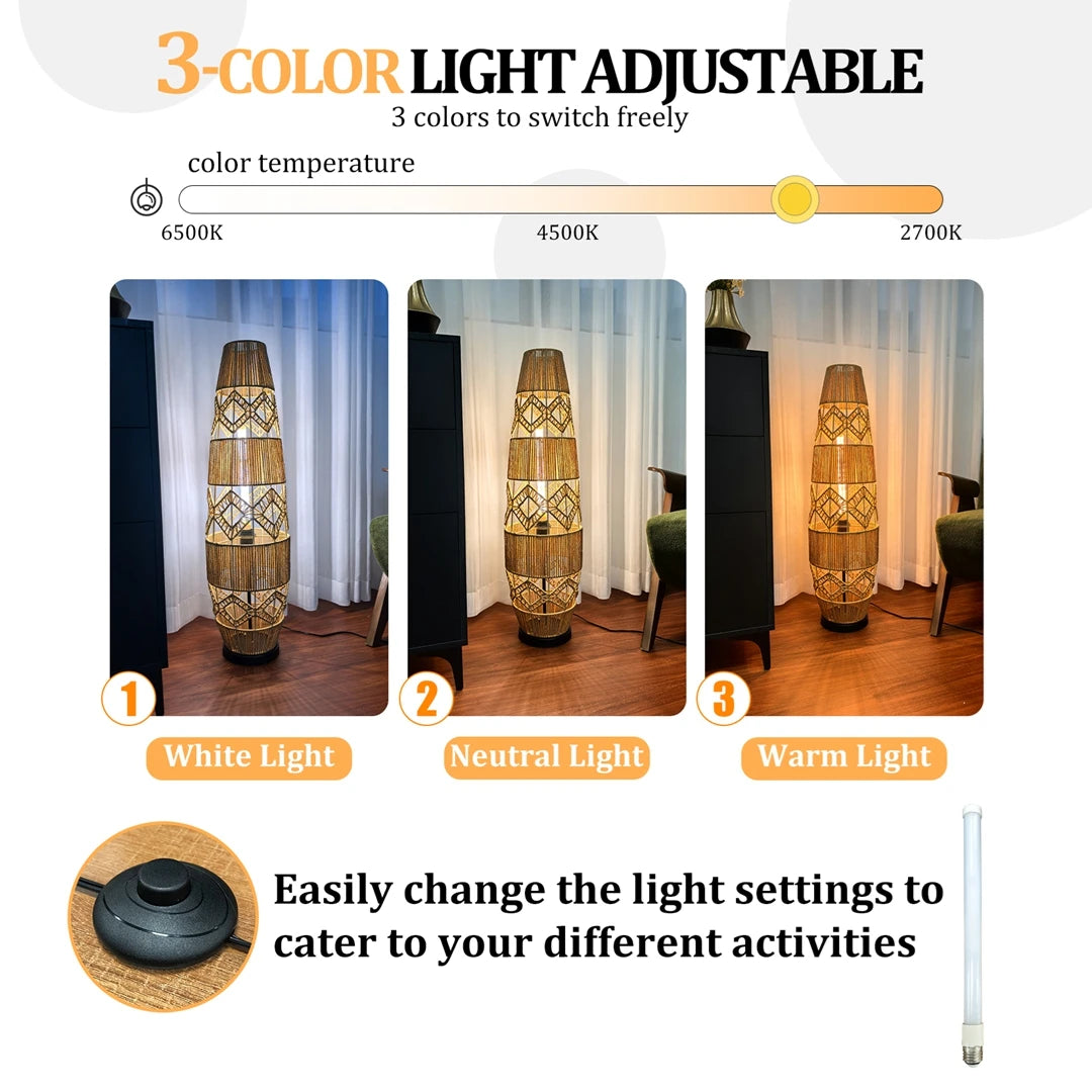Boho Rattan Floor Lamp Hand-Woven with LED Light Bar, Corner Reading Lamp for Living Room Bedroom