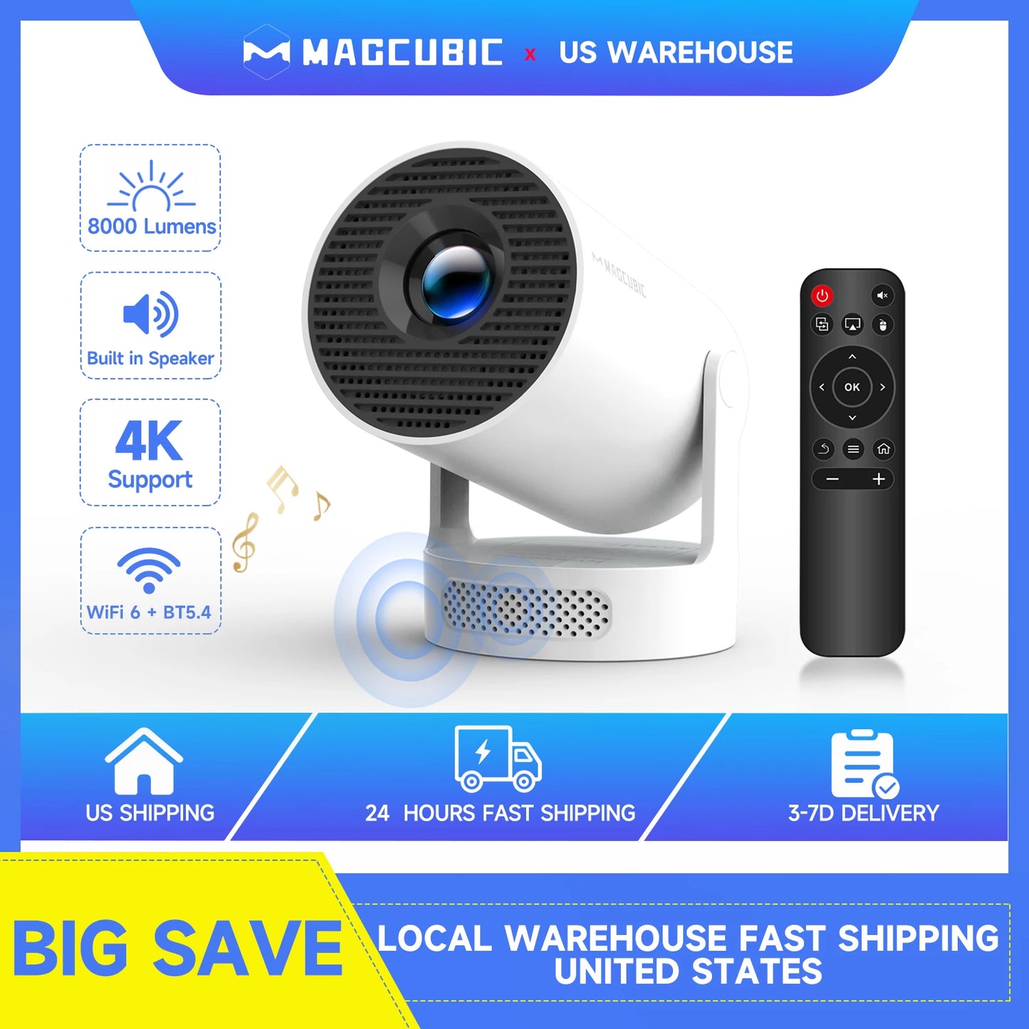 Magcubic HY300 Pro + Projector 4K 720P With 5W Speaker Android 11 8000 Lumens WiFi 6 BT5.4 Outdoor Video Home Theater Projector